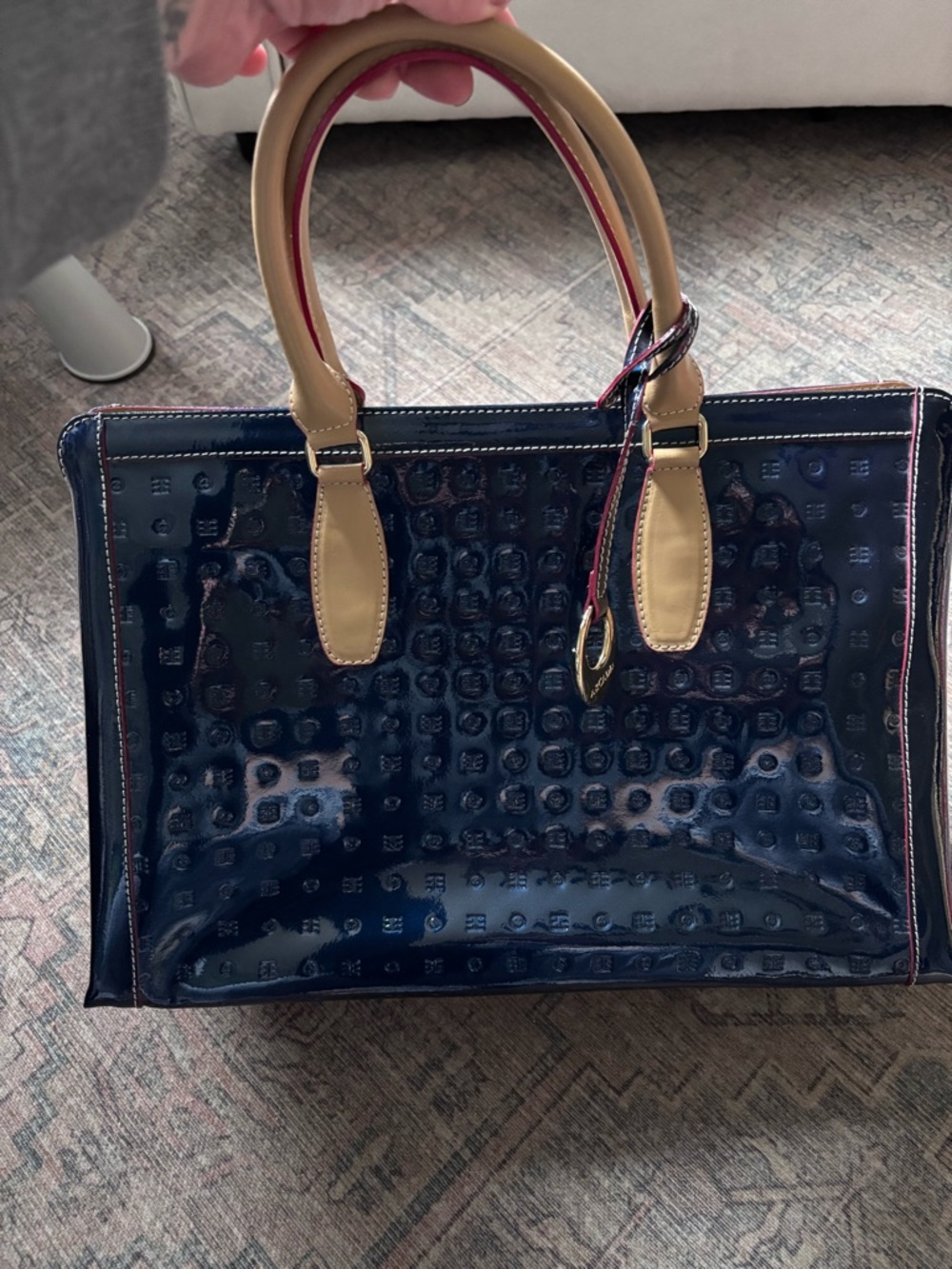 Arcadia Navy Patent Tote with Tan Handles